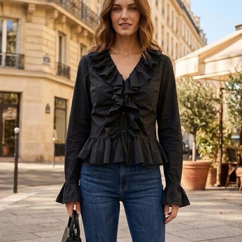 NWT LRL Ralph Lauren Sz 14 Whimsigoth Ruffle V-neck Edwardian Black Top